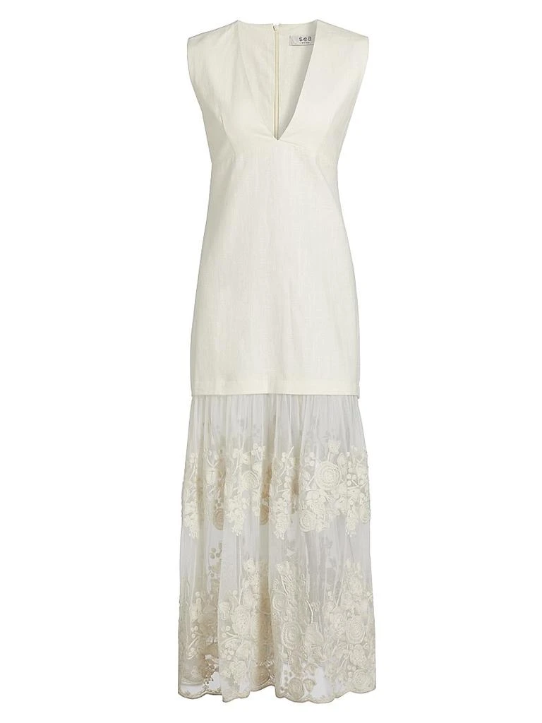 sea lara lace-detailed linen-blend maxi dress Sea - Lara Lace-Detailed Linen-Blend Maxi Dress - White - US 10 - Moda Operandi On Sale Now with Up to 50% Off