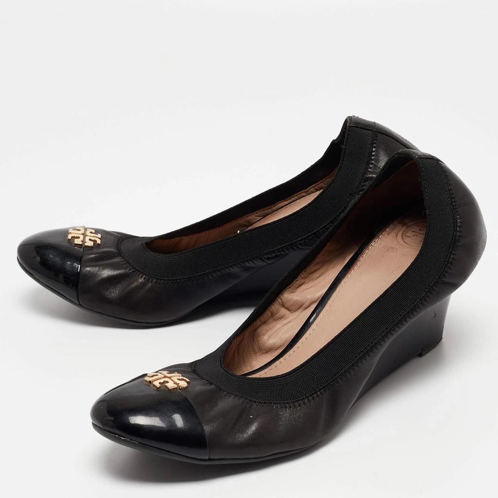 Tory Burch Tory Burch Black Leather Jolie Wedge Cap Toe Pumps Size 40 2