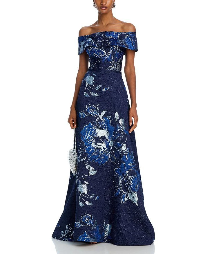 Teri Jon Off-the-Shoulder Metallic Floral Jacquard Gown 3