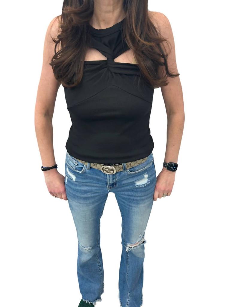 Red Haute Cross Twist Neck Tank Top In Black
