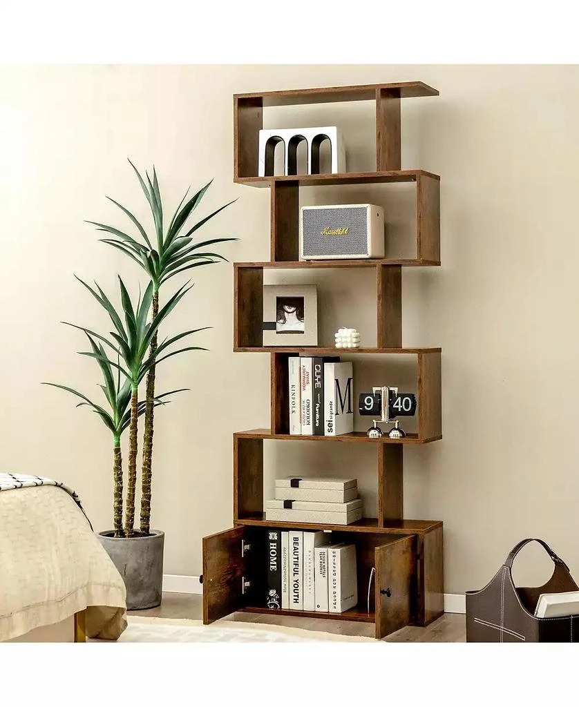 GOUUN 6-Tier S-Shaped Freestanding Bookshelf with Cabinet and Doors 2