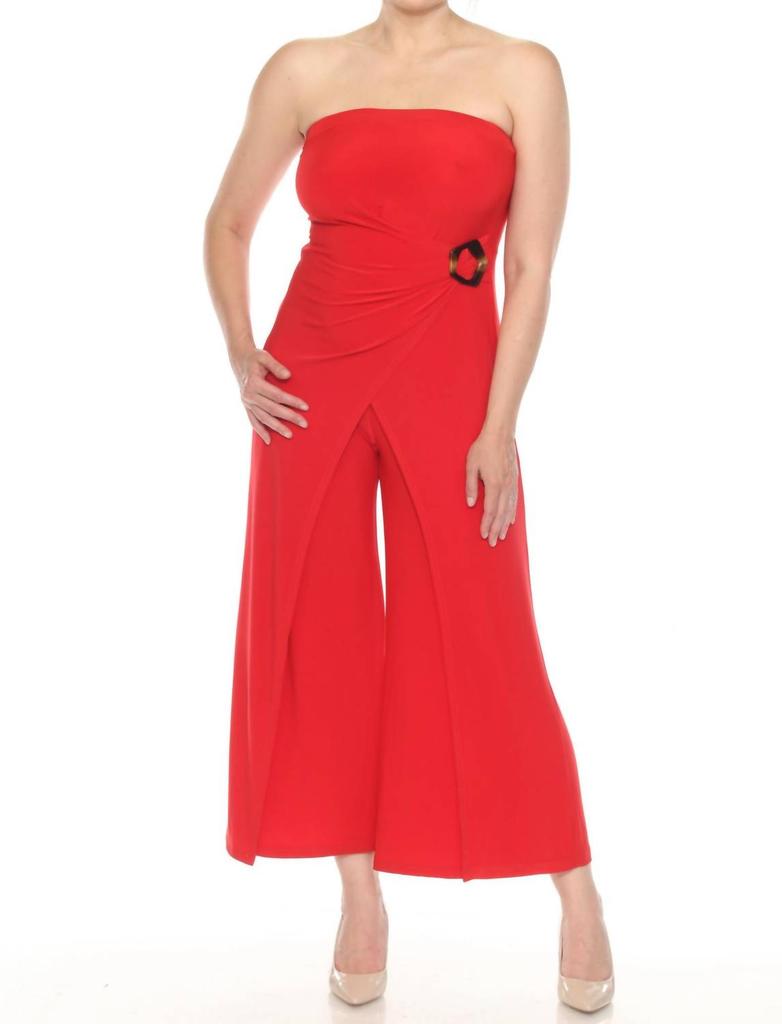 JOSEPH RIBKOFF Strapless Wrap Front Cropped Jumpsuit In Radiant Red