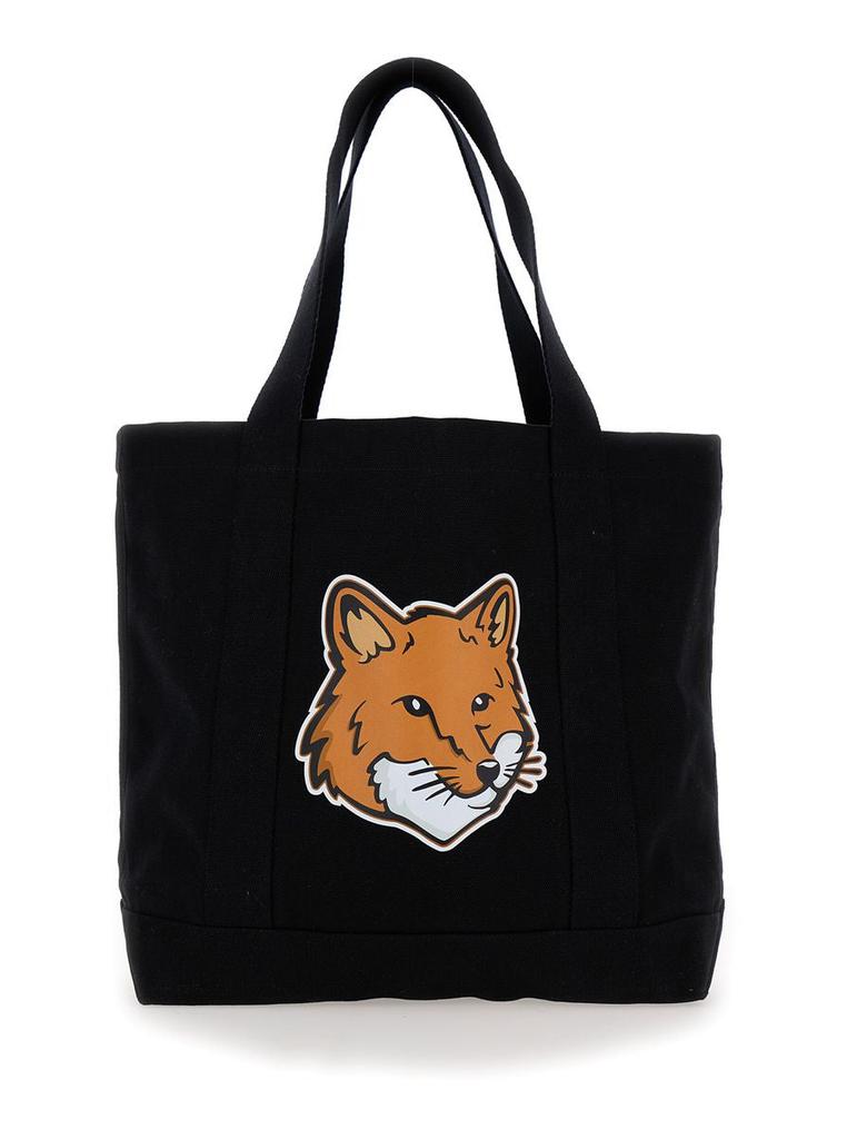 Maison Kitsune Black Tote Bag With Fox Head Patch In Cotton Canvas Woman