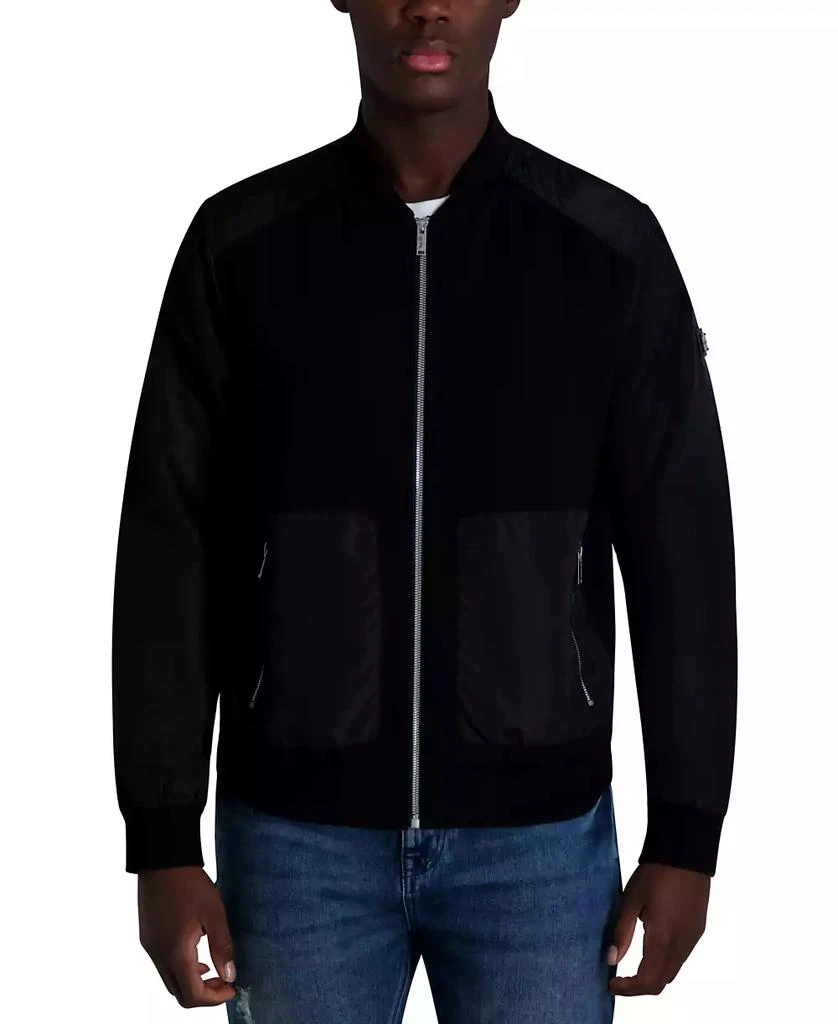 Karl Lagerfeld Paris Men's Relaxed Fit Zip-Front Mixed-Media Bomber Jacket 1