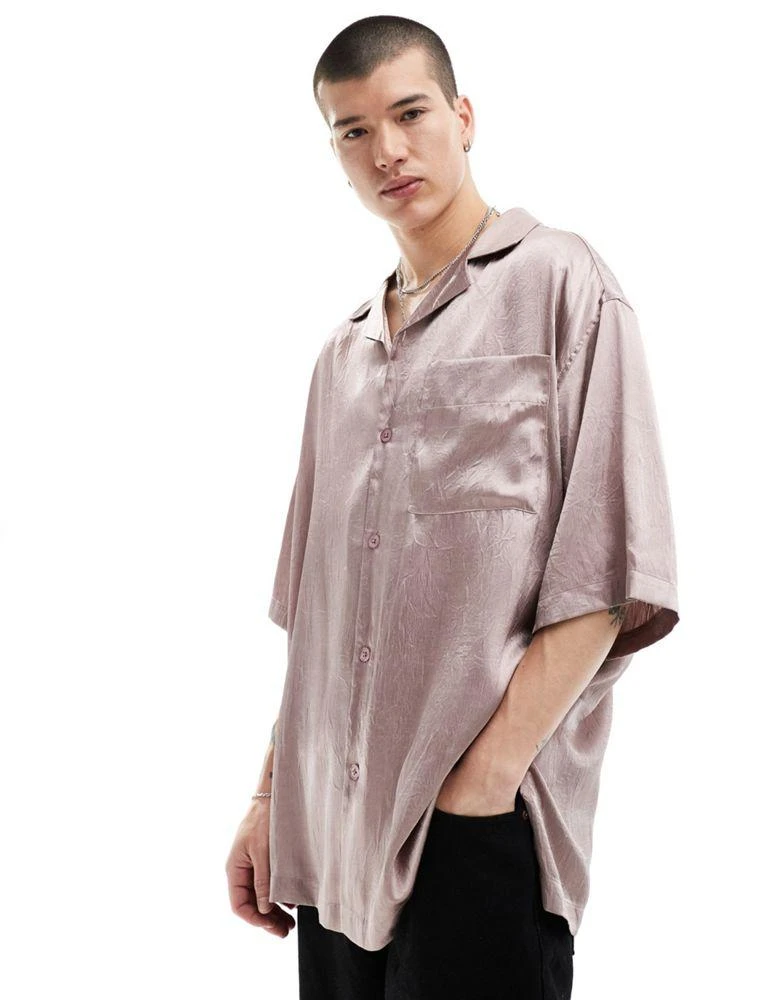 ASOS ASOS DESIGN short sleeve oversized bowling shirt with revere collar in dusty pink 1