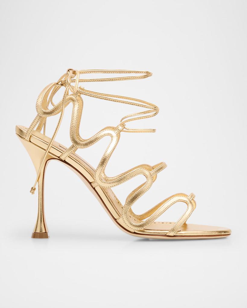 Manolo Blahnik Caged Metallic Ankle-Tie Sandals