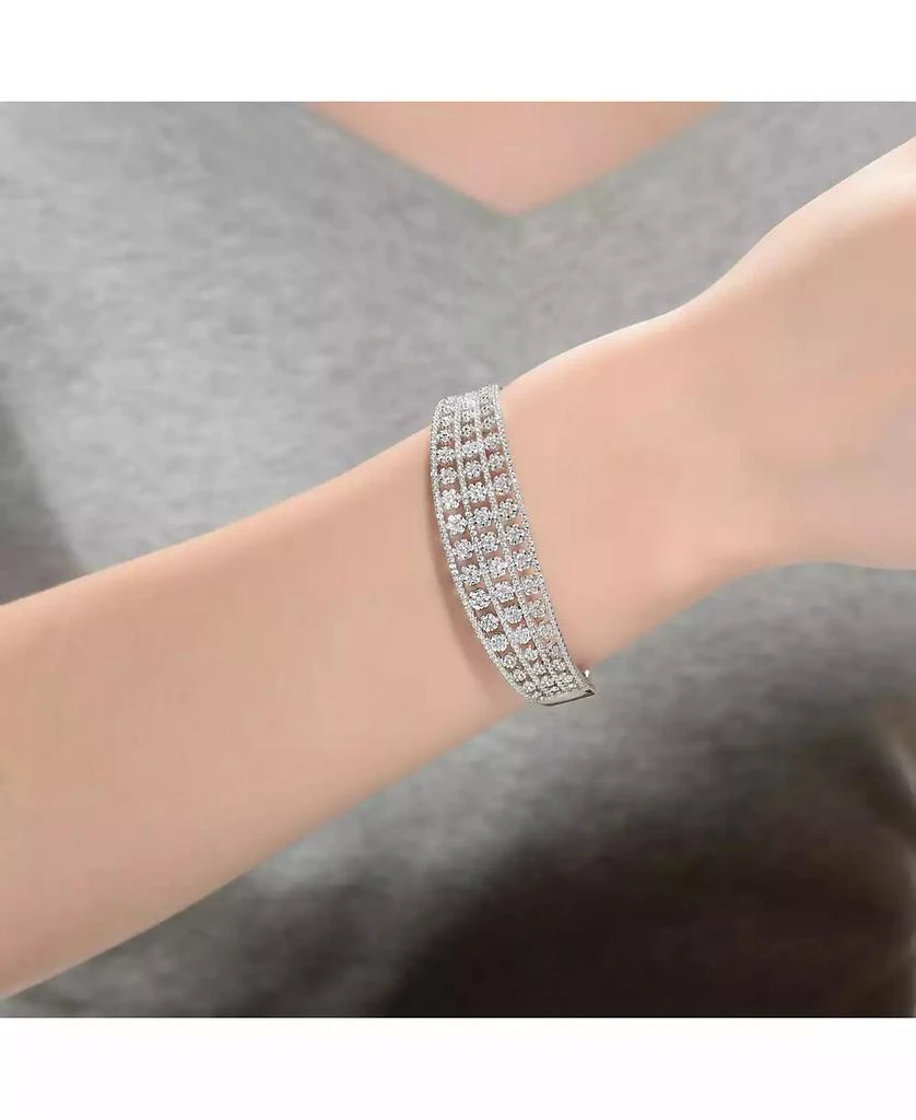 Genevive Sterling Silver with White Gold Plated Clear Round Cubic Zirconia Flower Style Bangle Bracelet 2