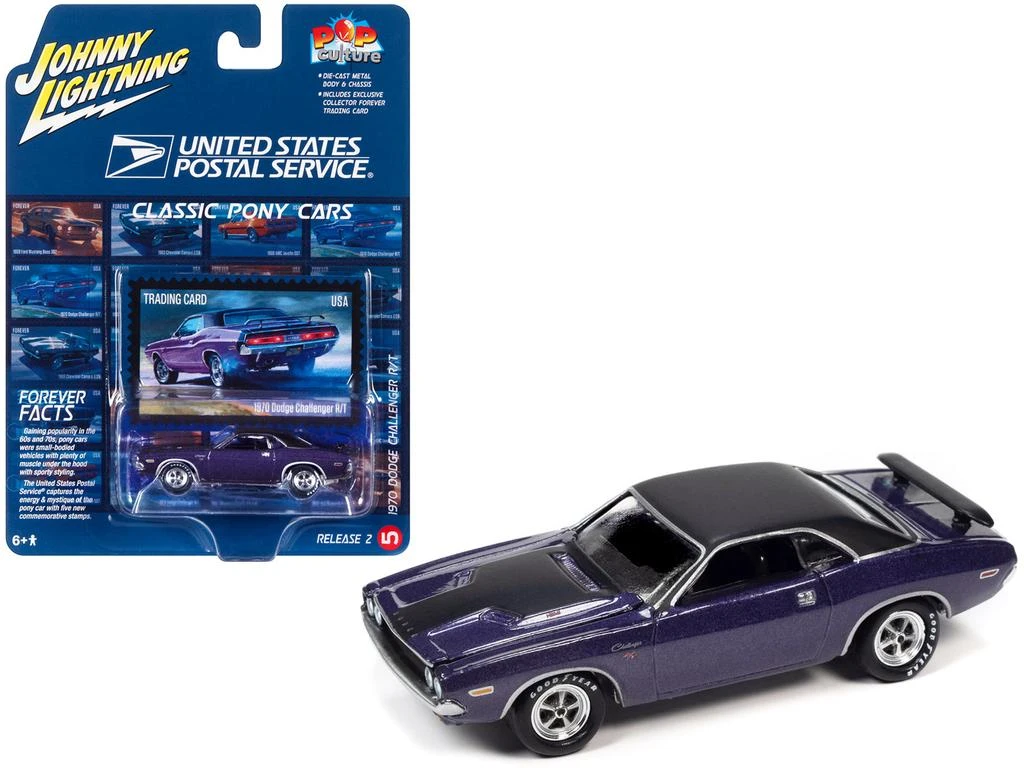 Diecast Model Johnny Lightning 1970 Dodge Challenger R/T Plum Crazy Purple Metallic with Black Top and Hood "USPS (United States Postal Service)" "Pop Culture" 2023 Release 2 1/64 Diecast Model Car by Johnny Lightning 2