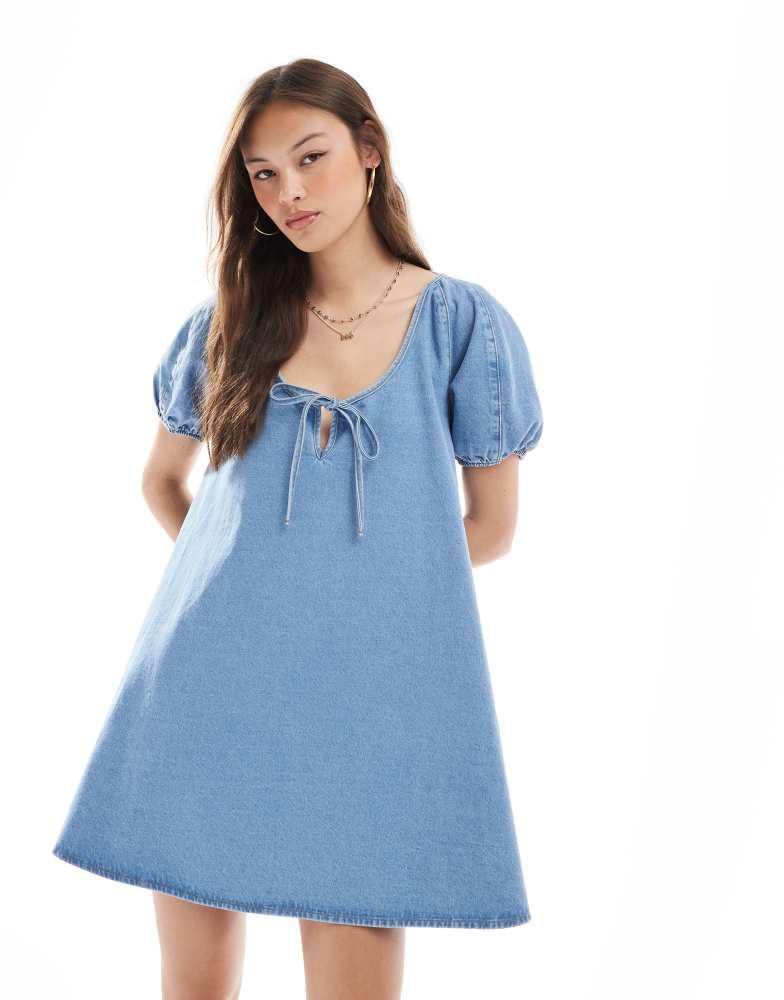 Miss Selfridge Miss Selfridge tie front trapeze swing dress in mid wash