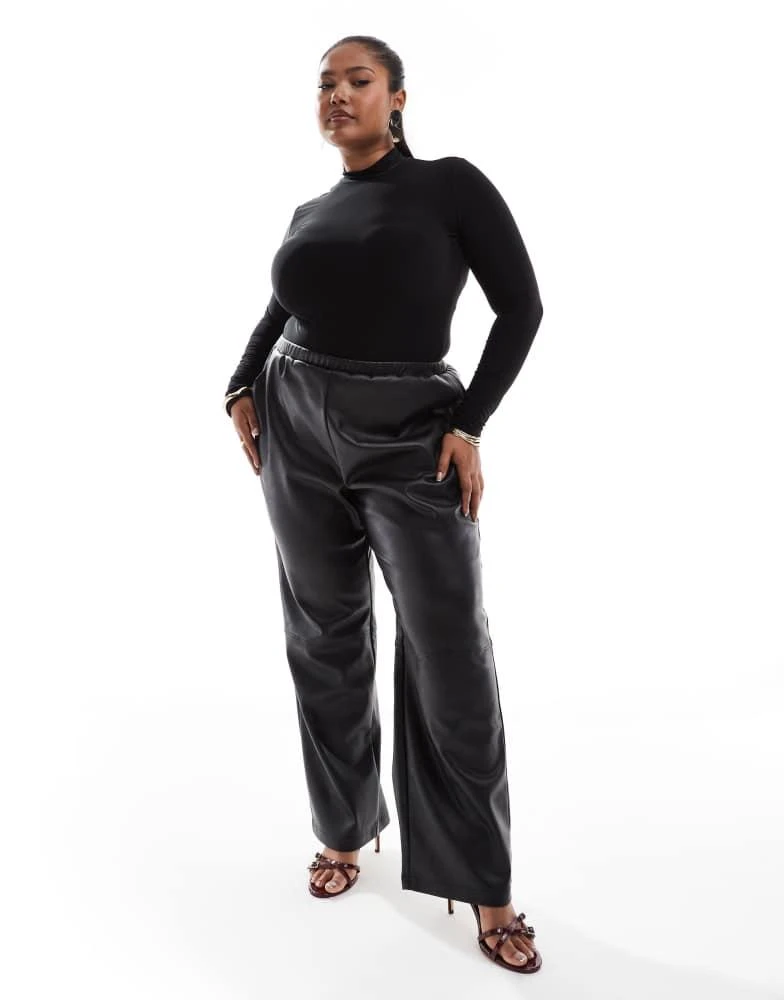 4th & Reckless Plus 4th & Reckless Plus leather look straight leg pull on trousers in black 1