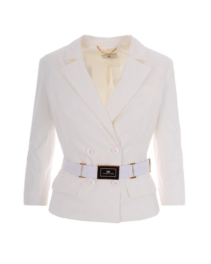 ELISABETTA FRANCHI Ivory Bi-Elastane Blazer With Classic Lapel And Gold Accents