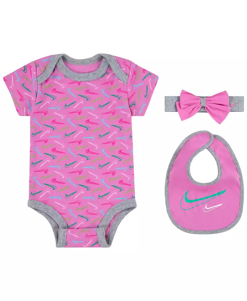 NIKE Newborn Girls Printed Bodysuit, Headband and Bib Set