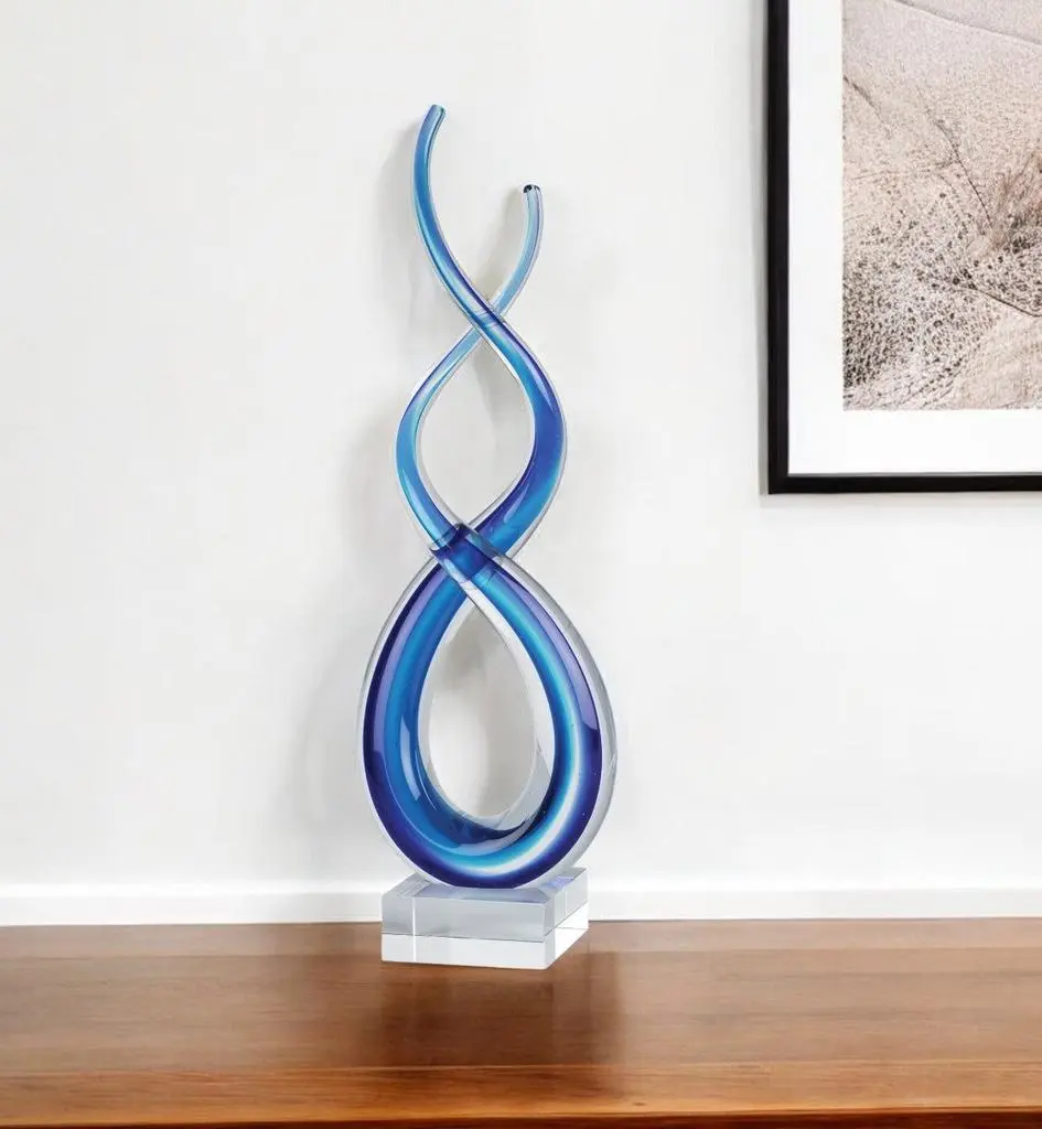 Hivvago 14" Clear and Blue Murano Glass Modern Abstract Tabletop Sculpture