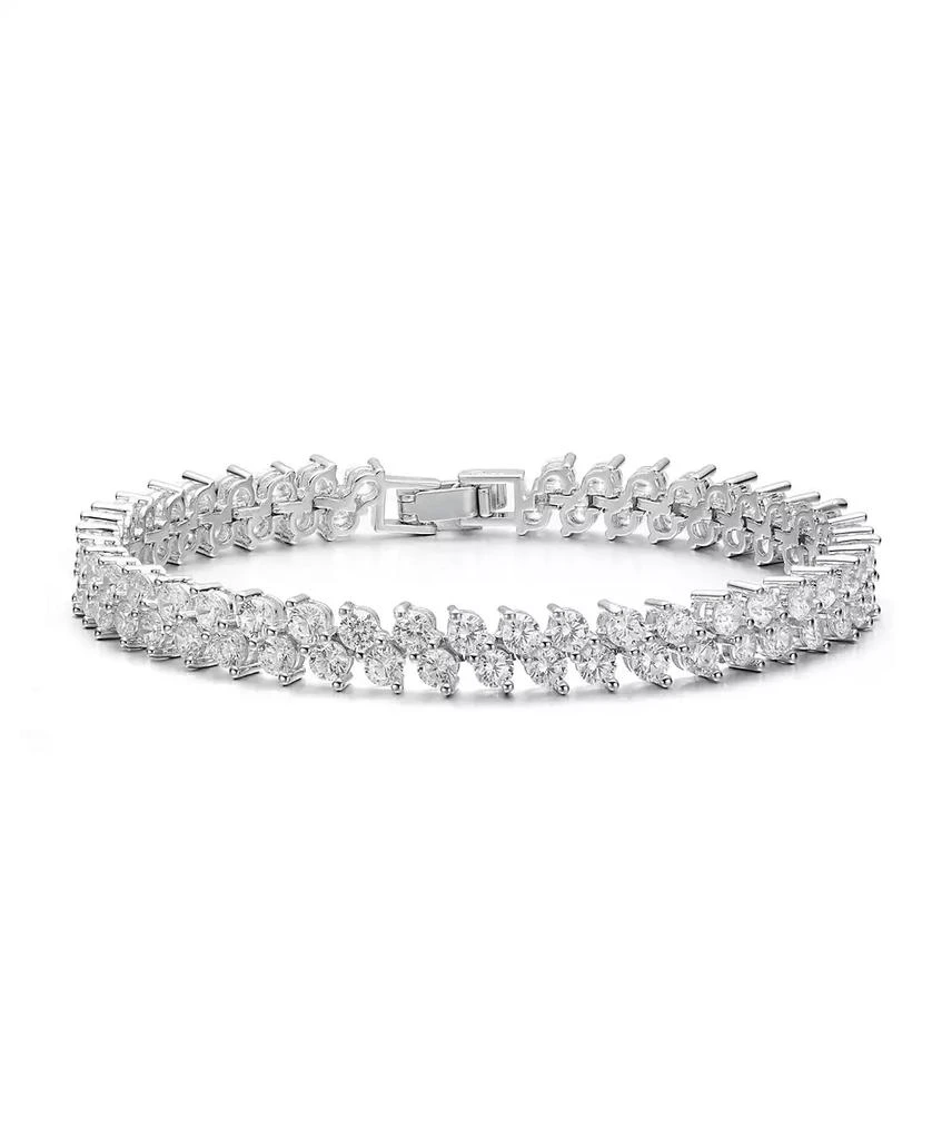 Genevive White Gold Plated With Cubic Zirconia 2-stone Cluster Link Tennis Bracelet