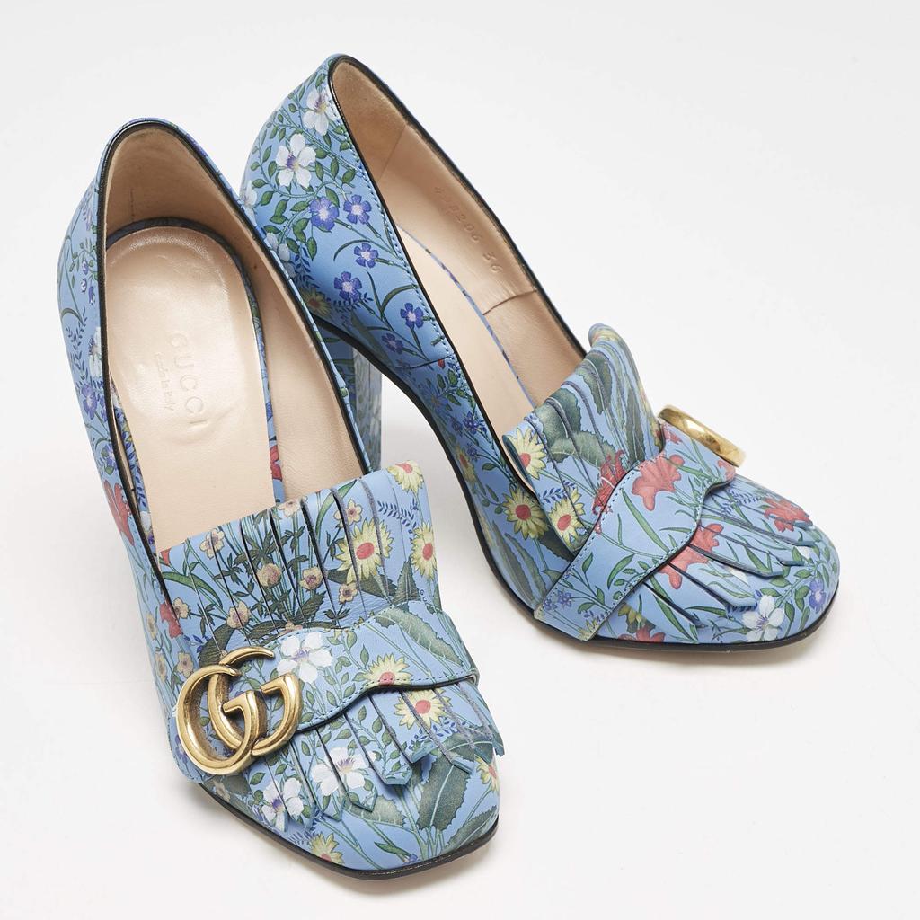 GUCCI パンプス GGマーモント ブルームス 花柄  34  1/2 Gucci Gucci Blue Floral Print Leather GG Marmont Fringe