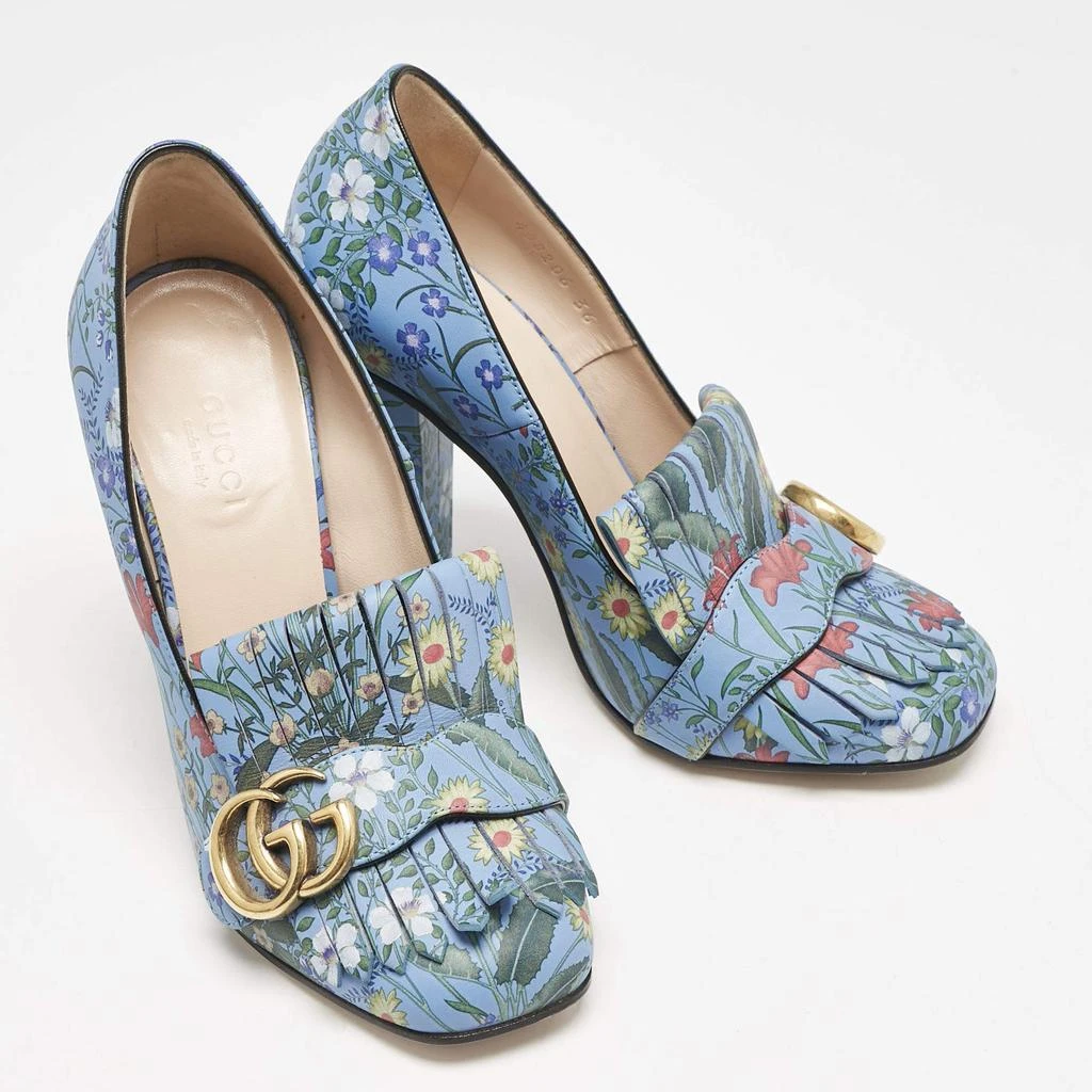 Gucci Gucci Blue Floral Print Leather GG Marmont Fringe Pumps Size 36 4