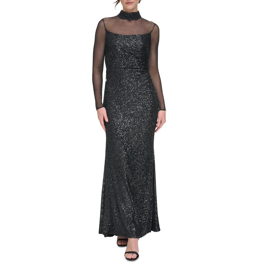 Eliza shops J Women's Black Mesh Rhinestone Balloon Sleeve Full Length Formal Dress 14