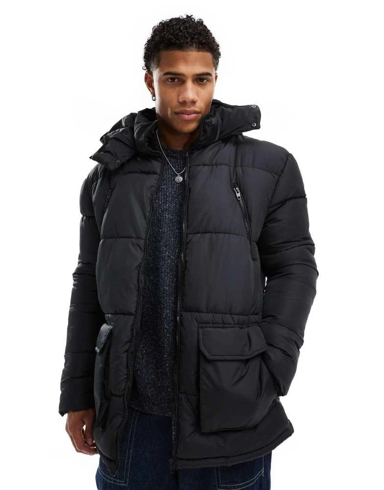 French Connection Mens French Connection puffer jacket with hood and pockets in black 1