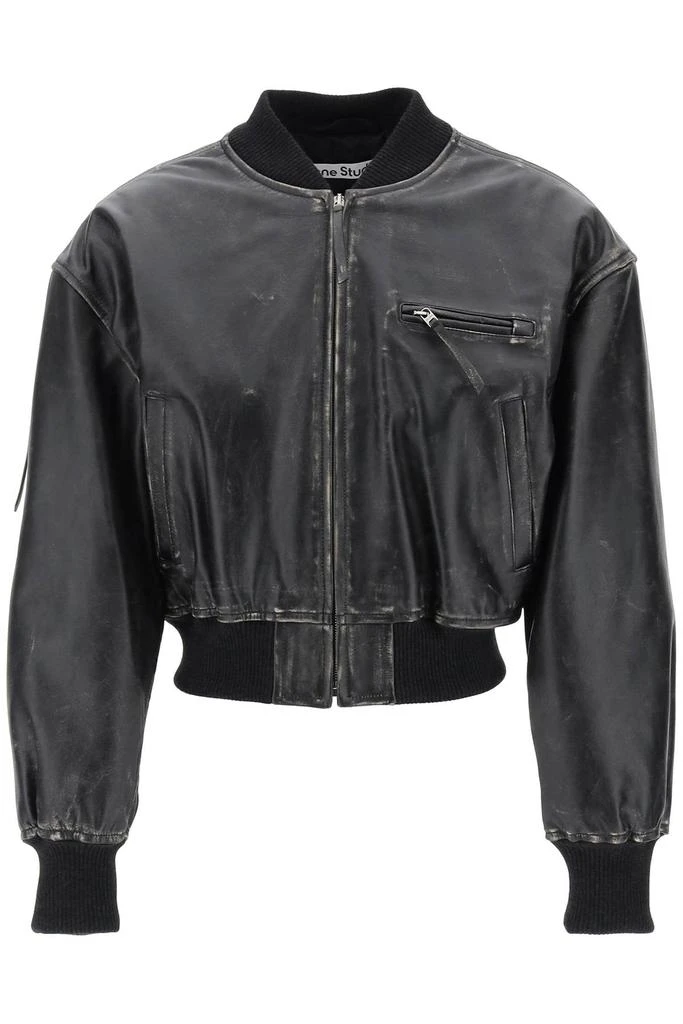 Shop aged leather bomber jacket with distressed treatment on Sale