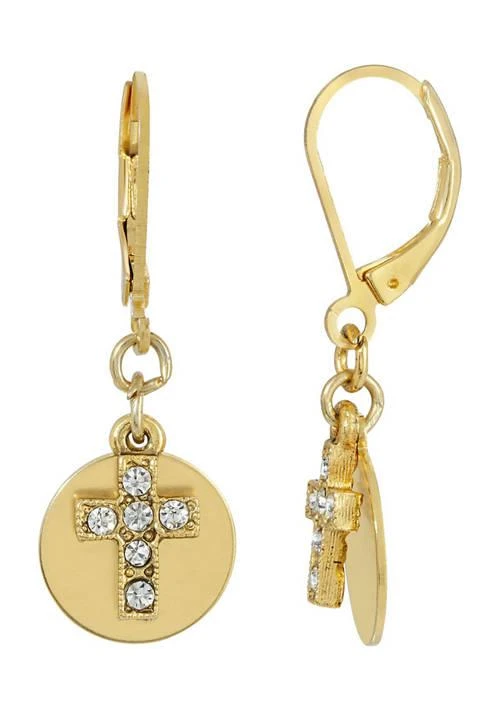 Symbols of Faith 14K Gold Dipped Carded Crystal Cross With Round Disc. Euro Wire Earrings