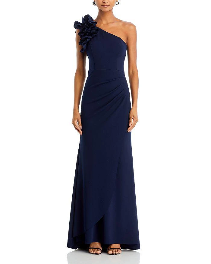 AQUA One Shoulder Ruffle Crepe Gown - Exclusive 7