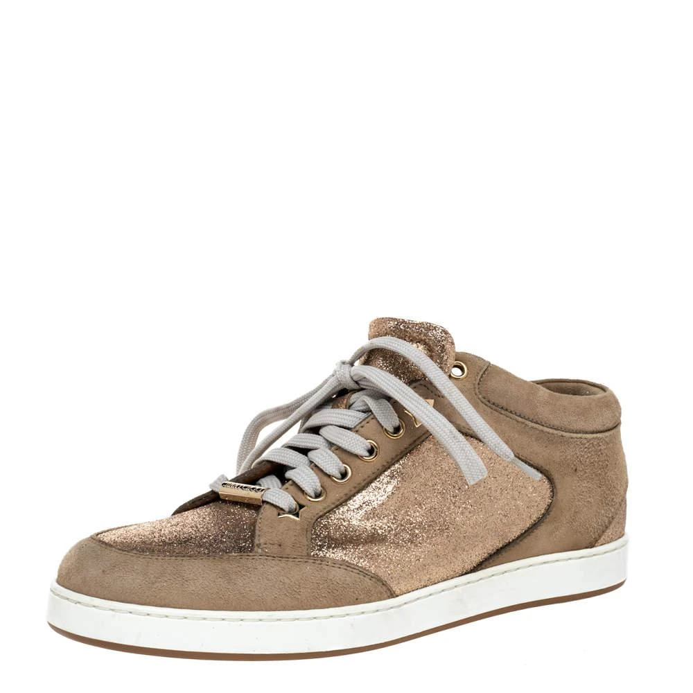Jimmy Choo Jimmy Choo Beige Glitter And Suede Miami Lace Up Sneakers Size 38 1