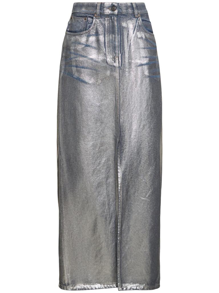 MSGM Silver-coated Cotton Denim Long Skirt