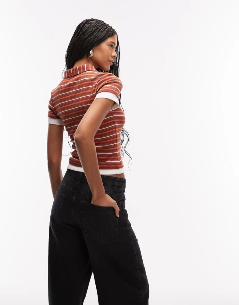 ASOS ASOS DESIGN collared short sleeve polo top in chocolate and orange stripe 4