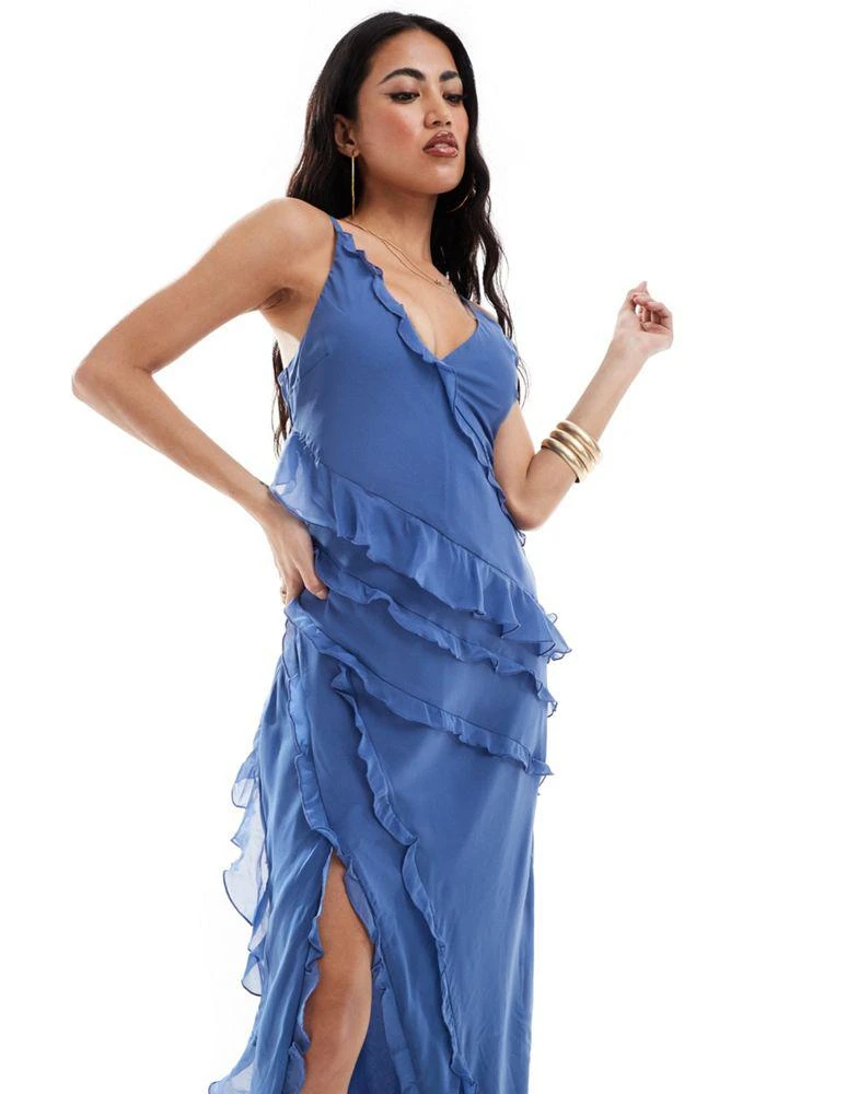 Abercrombie & Fitch Abercrombie & Fitch ruffle maxi dress with side slit in blue 1