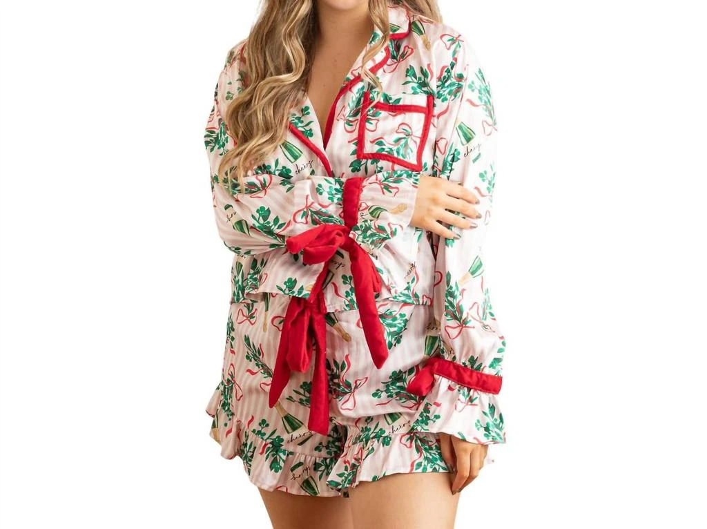 8 Oak Lane Mistletoast Satin Ruffle Set Short Pajama In Red Multi