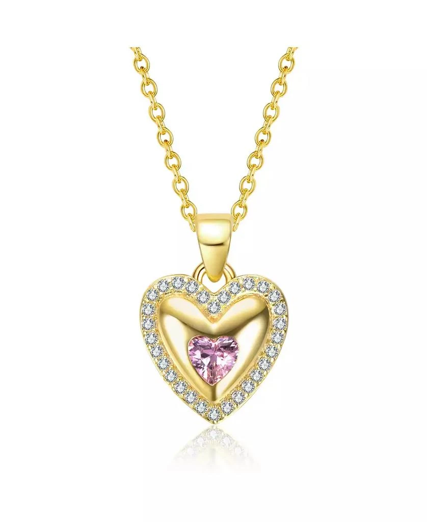 Genevive Sterling Silver 14K Gold Plating with Pink Cubic Zirconia Heart Pendant Necklace
