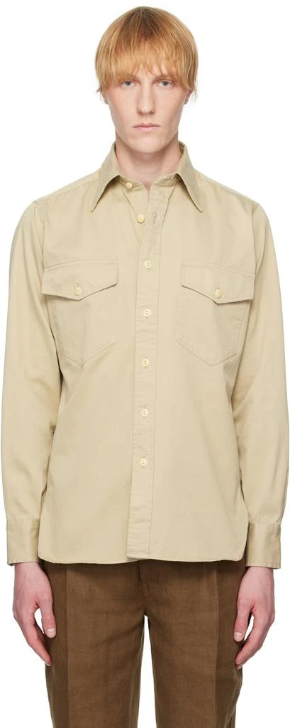 Drake's Beige Stone Cotton Long Point Collar Work Shirt 1