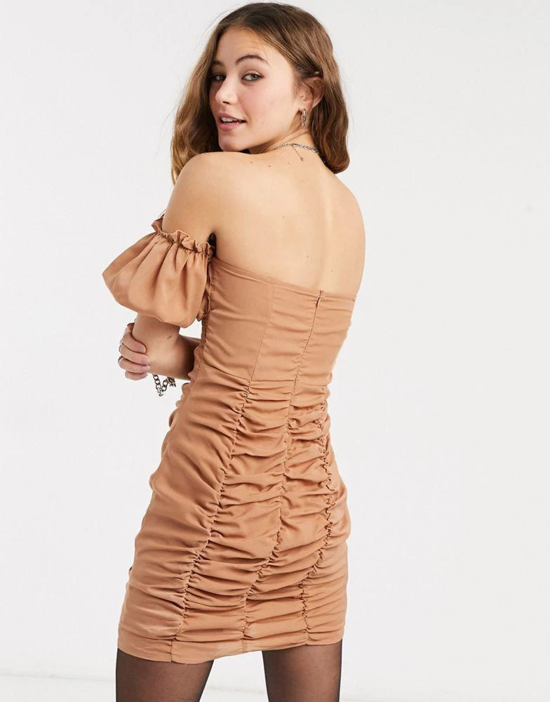 In The Style In The Style x Shaughna puff sleeve shirred mini dress in stone 2