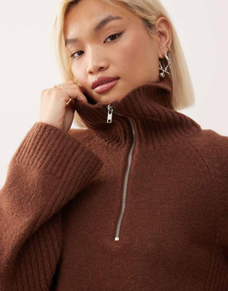 Monki Monki half zip jumper in chocolate brown 3