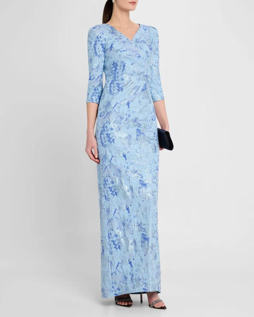Teri Jon Pleated Metallic Jacquard Column Gown 4