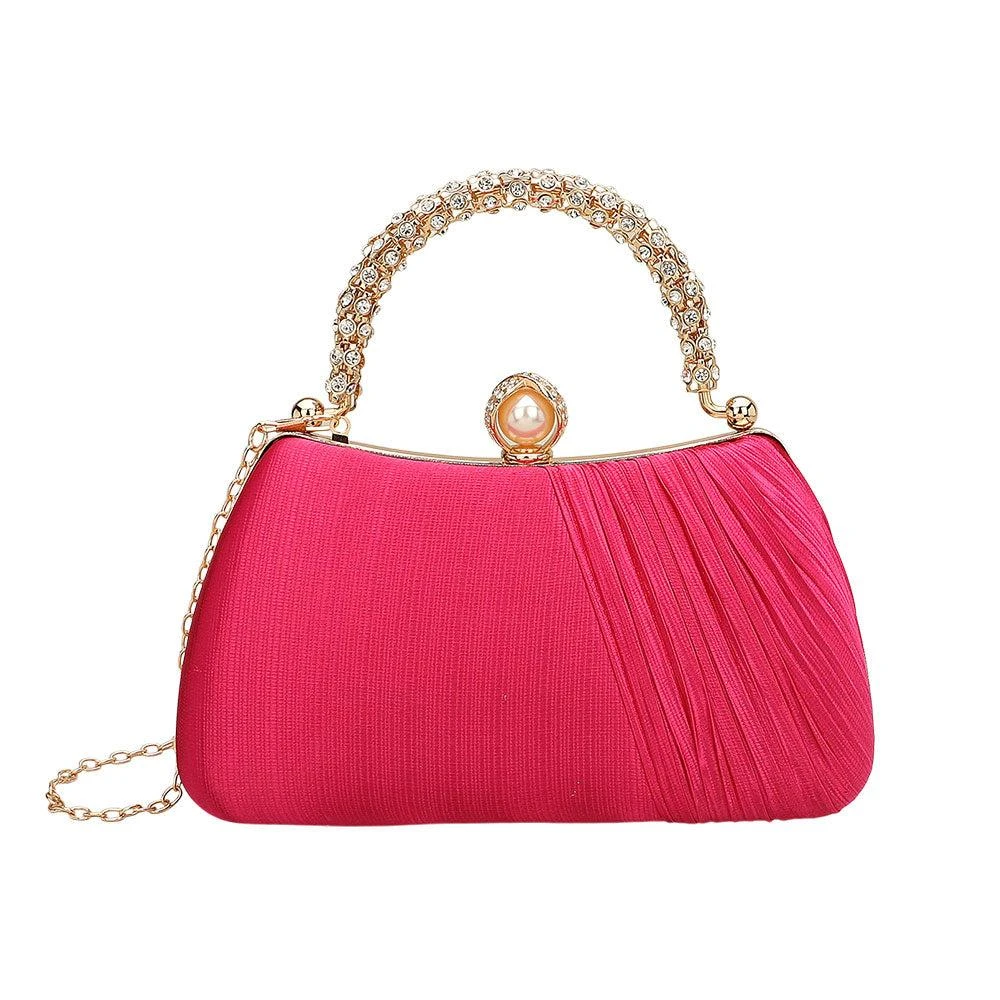 FASHNZFAB Rhinestone Embellished Handle Pearl Clasp Elegant Evening Clutch Crossbody Bag 2