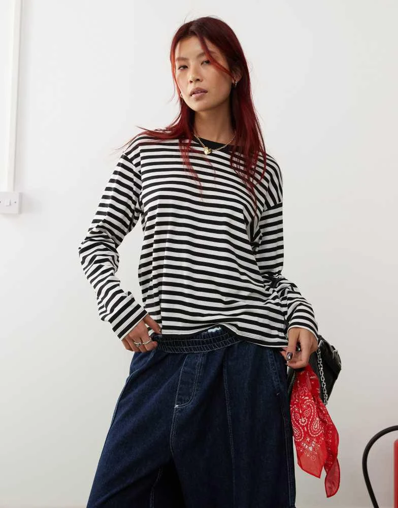 Monki Monki long sleeve top in black and white stripe 4