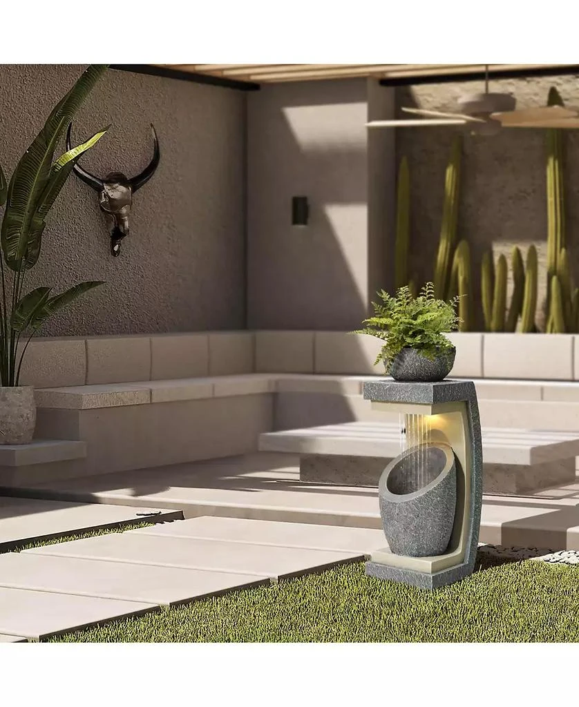 LuxenHome Gray Resin Column and Bowl Sculpture Outdoor Fountain with Lights 4