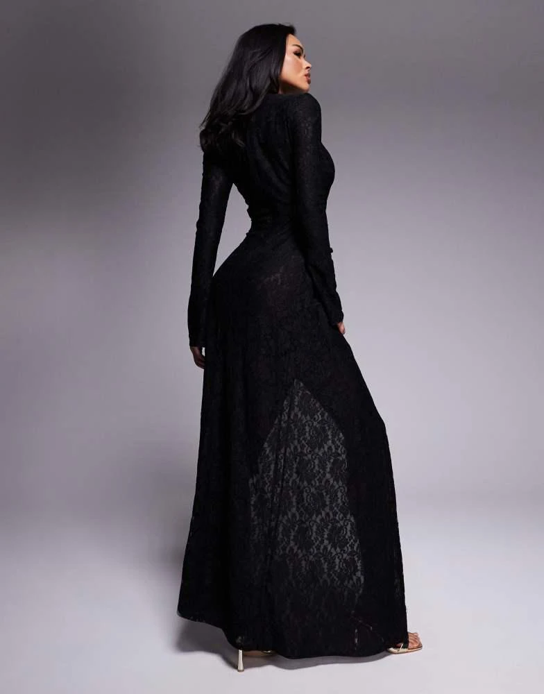 Murci Murci exclusive lace high neck keyhole detail thigh split maxi dress in black 3