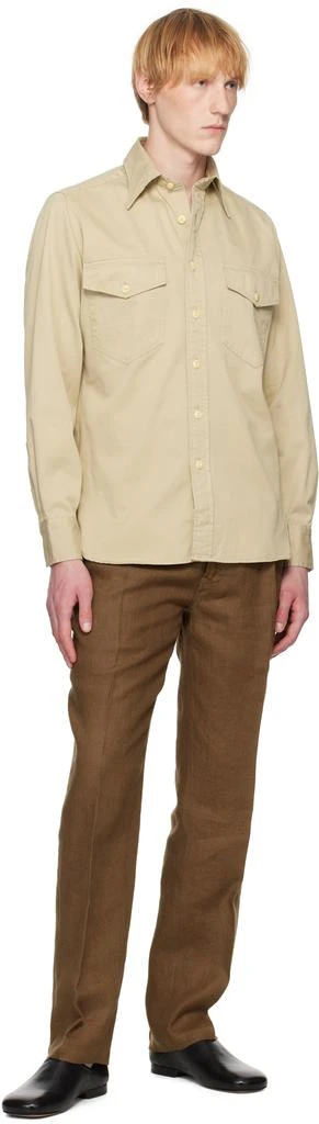 Drake's Beige Stone Cotton Long Point Collar Work Shirt 4