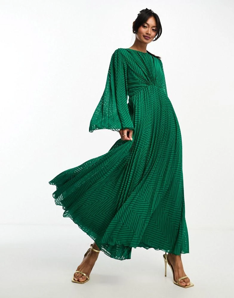 ASOS ASOS DESIGN tie back fluted sleeve pleated chevron chiffon midi dress in green 1