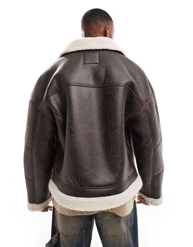 Bershka faux leather washed jacket with shearling in brown – On