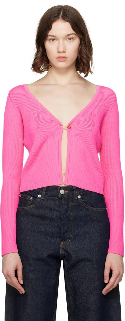 Versace Pink Safety Pin Ribbed Knit Fitted Cardigan 1