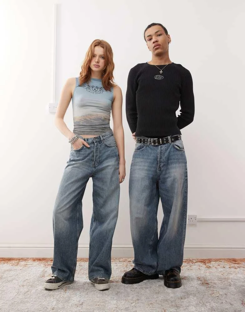 Weekday Weekday Unisex Astro low rise baggy jeans in worn blue wash 1