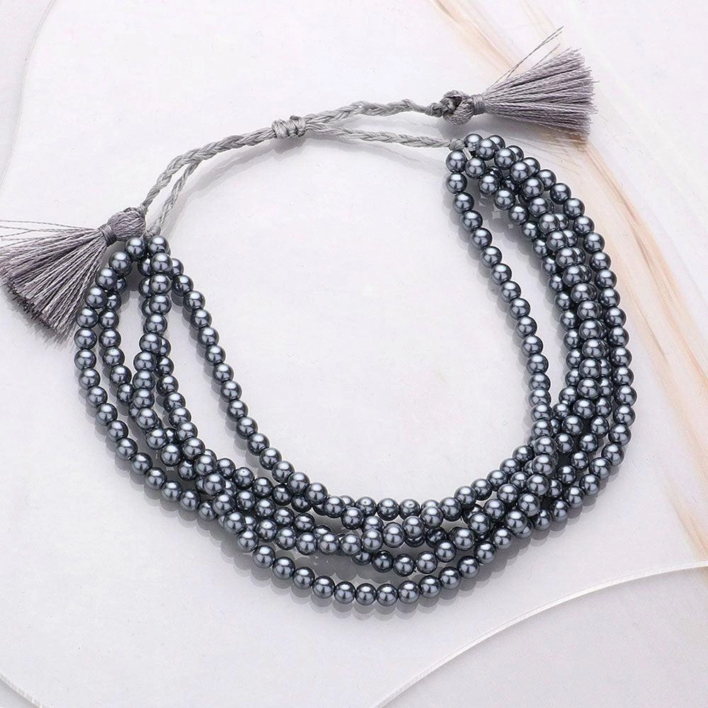 FASHNZFAB Multi Layered Pearl Beaded Cinch Pull Tie Bracelet Gray