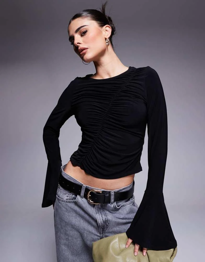 ASOS ASOS DESIGN asymmetric gathered flared long sleeve top in black 1