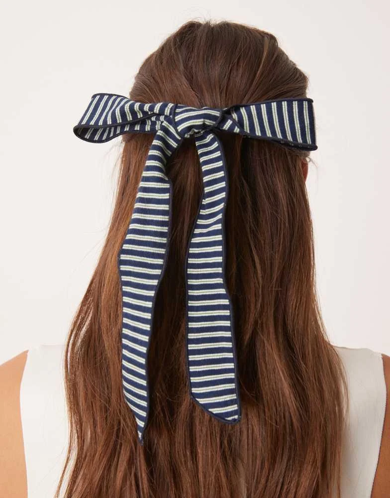 ASOS ASOS DESIGN barrette clip with long length striped hair bow in navy and green