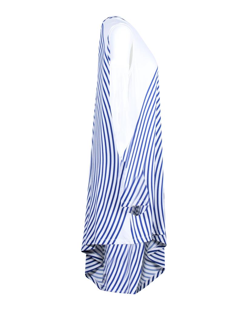 MAISON MARGIELA Striped Asymmetric Mini Dress in White and Blue Viscose