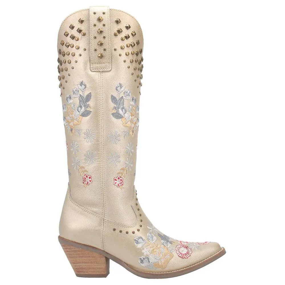 Dingo Poppy Floral Embroidered Metallic Studded Snip Toe Pull On Cowboy Boots