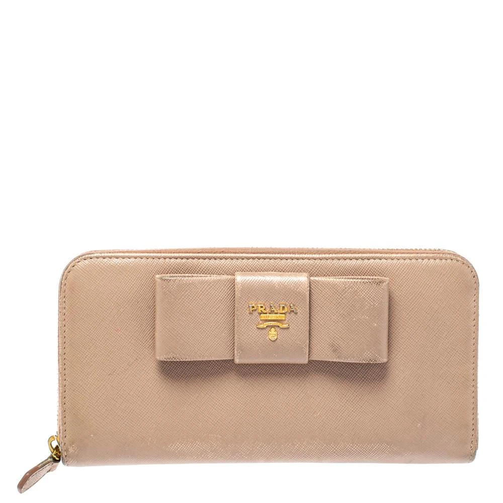 Prada Prada Beige Saffiano Leather Bow Zip Around Wallet 1
